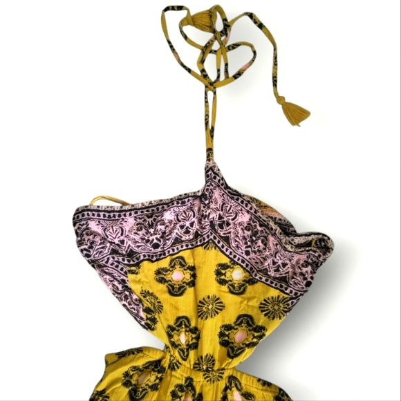 Free People Maribelle Cut-Out Jumpsuit Size Medium Yellow Bohemian Paisley - Picture 3 of 12